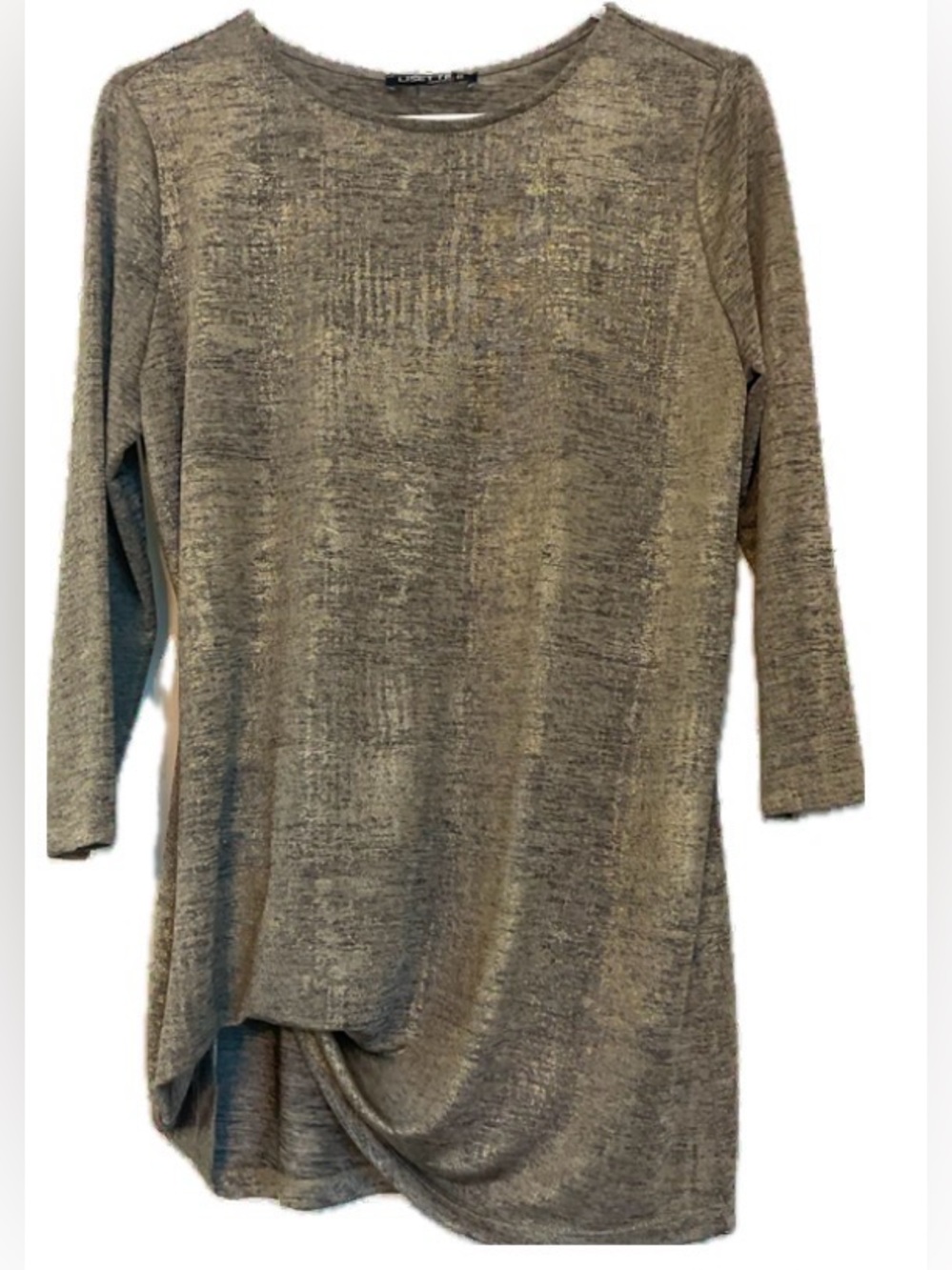 LISETTE Metallic Heathered Twist-Front Tunic in a Gold Metallic with Black .